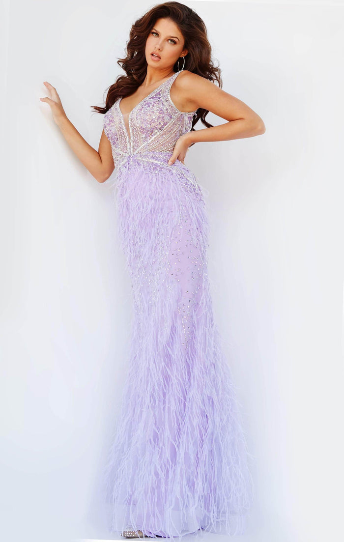 Jovani 03023SC - Feather Detailed V-Neck Prom Gown Prom Dresses 6 / Lilac