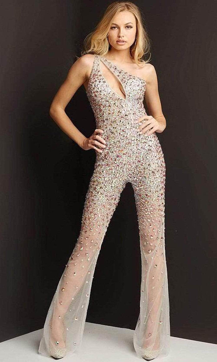 Jovani 07079SC - Illusion Asymmetric Neck Jumpsuit Prom Dresses 2 / Off-White