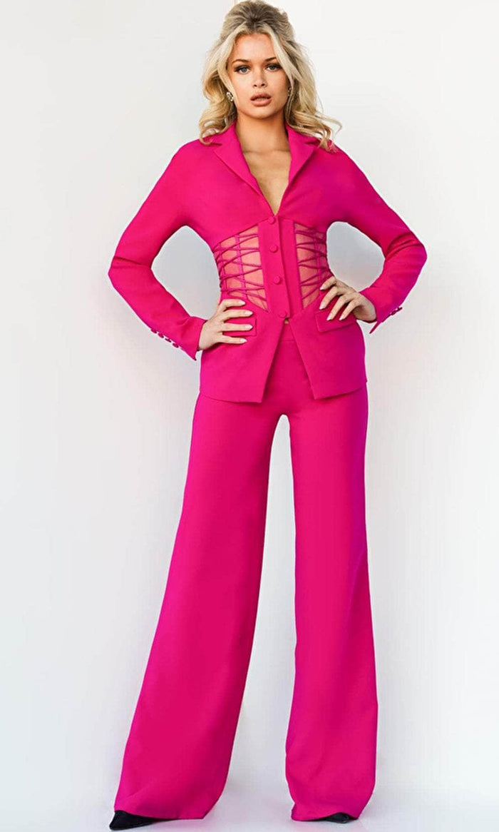 Jovani 07227SC - Long Sleeve Two Piece Jumpsuit Formal Pantsuits 4 / Fuchsia