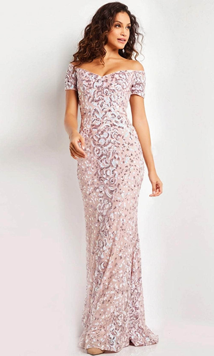 Jovani 07458 - Off-Shoulder Sequin Embellished Dress Evening Dresses 00 / Pink Multi