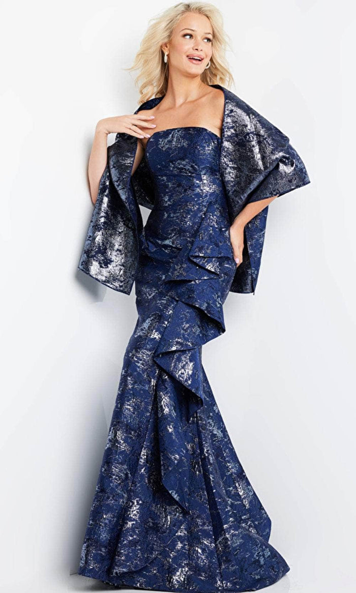 Jovani 08685 - Straight Neck Trumpet Dress with Matching Shawl Prom Dresses 6 / Navy