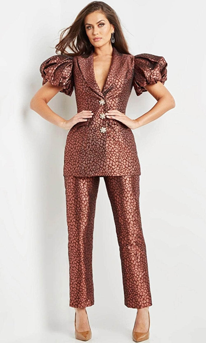 Jovani 09643SC - Puff Sleeve Metallic Pantsuit Formal Pantsuits 00 / Coffee