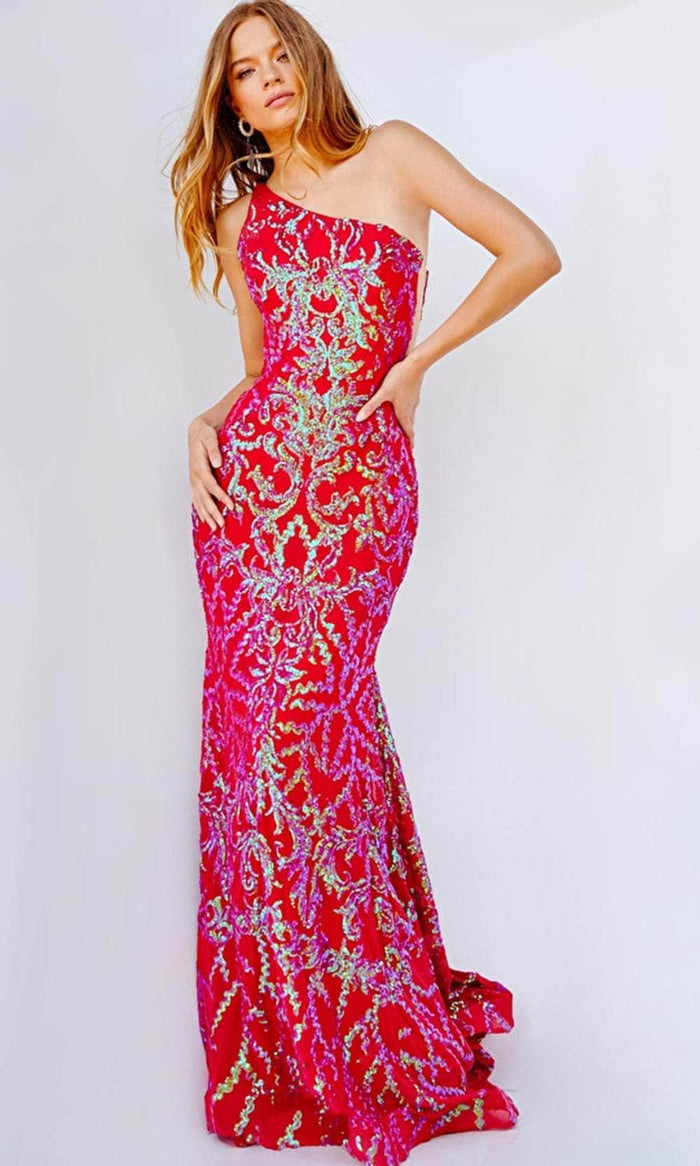 Jovani 22845 - Iridescent  Asymmetric Gown Prom Dresses 00 / Iridescent Red