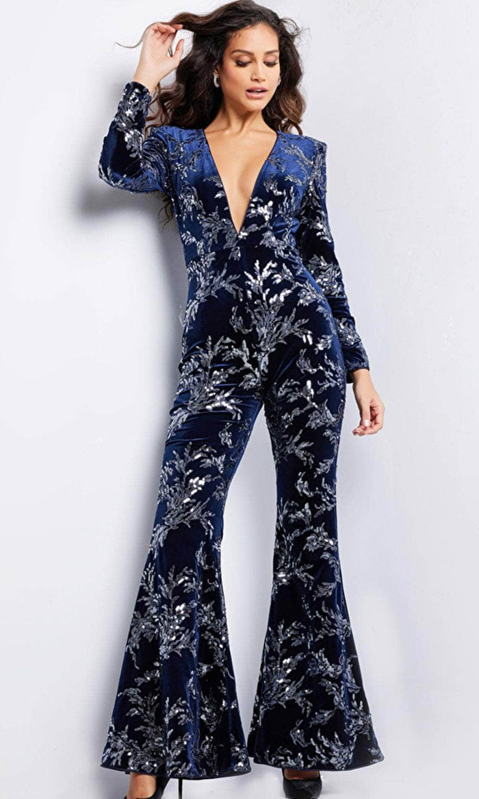 Jovani 23708 - Deep V-Neck Sequin Embellished Jumpsuit Formal Pantsuits 00 / Navy