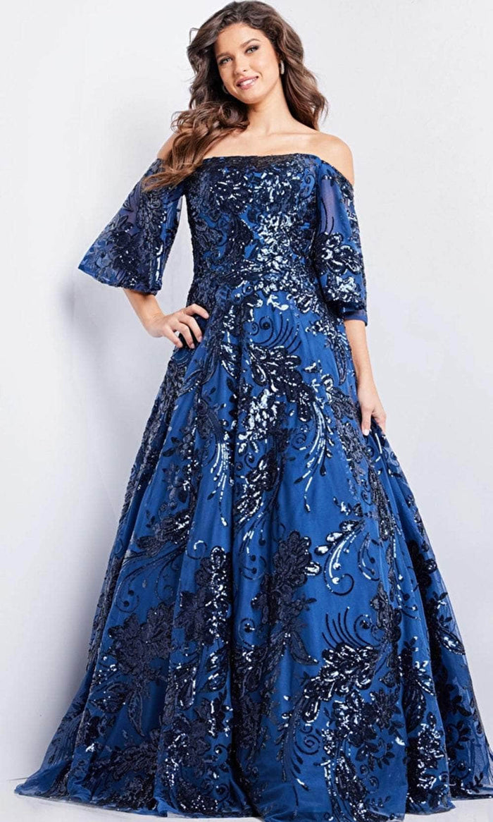 Jovani 23765 - Off-Shoulder Bell Sleeve Gown Prom Dresses 00 / Navy