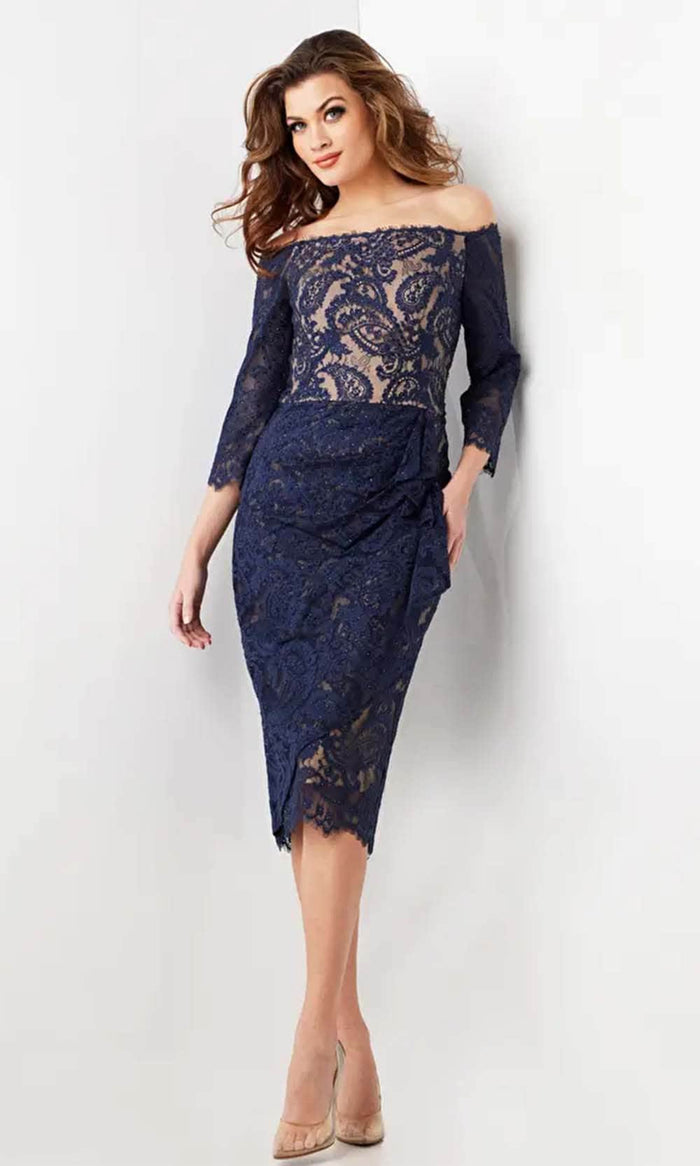 Jovani 23814 - Off-Shoulder Lace Formal Dress Holiday Dresses 00 / Navy