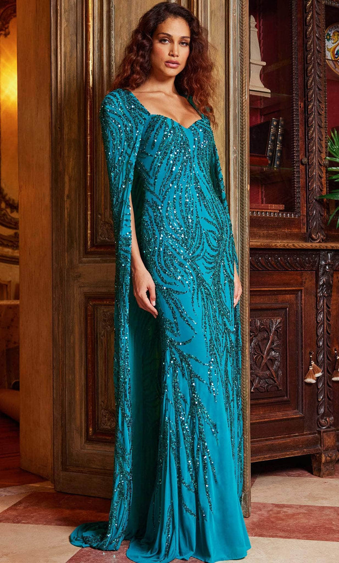 Jovani 23891SC - Beaded Mesh Cape Evening Dress Evening Dresses 14 / Peacock