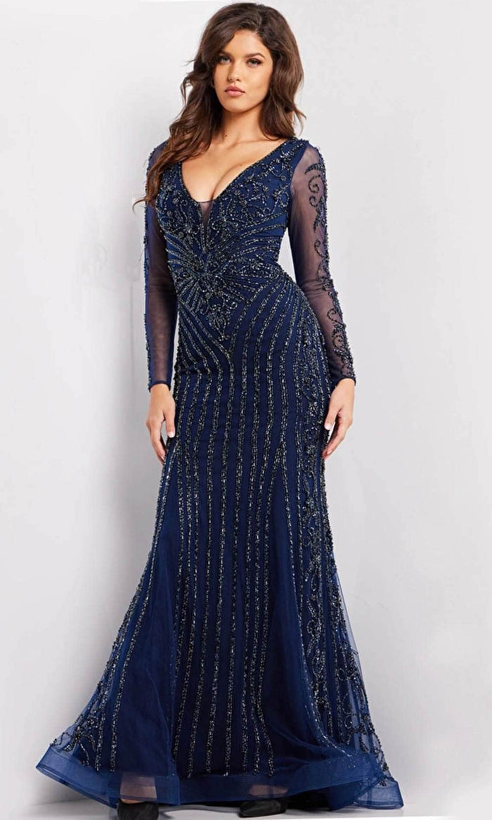 Jovani 24236SC - Long Sleeve Beaded Evening Gown Evening Dresses 10 / Navy