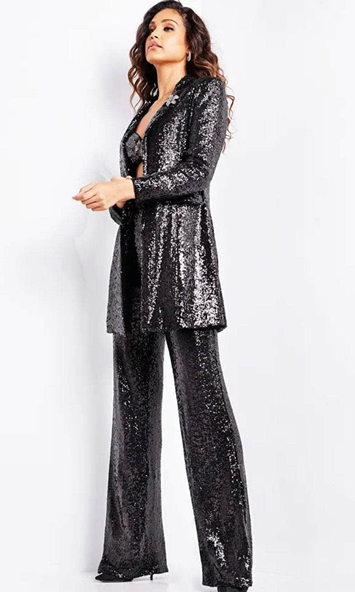 Jovani 25749 - Blazer Open Front Three Piece Set Pantsuit Formal Pantsuits 00 / Black