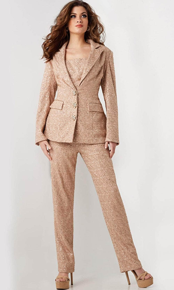 Jovani 25773 - Sequin Embellished Long Sleeve Pantsuit Formal Pantsuits 00 / Beige