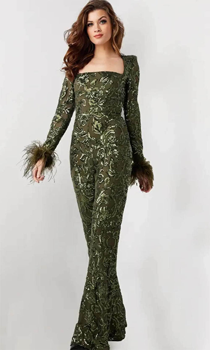 Jovani 25904 - Sequin Embellished Long Sleeve Jumpsuit Formal Pantsuits 00 / Olive