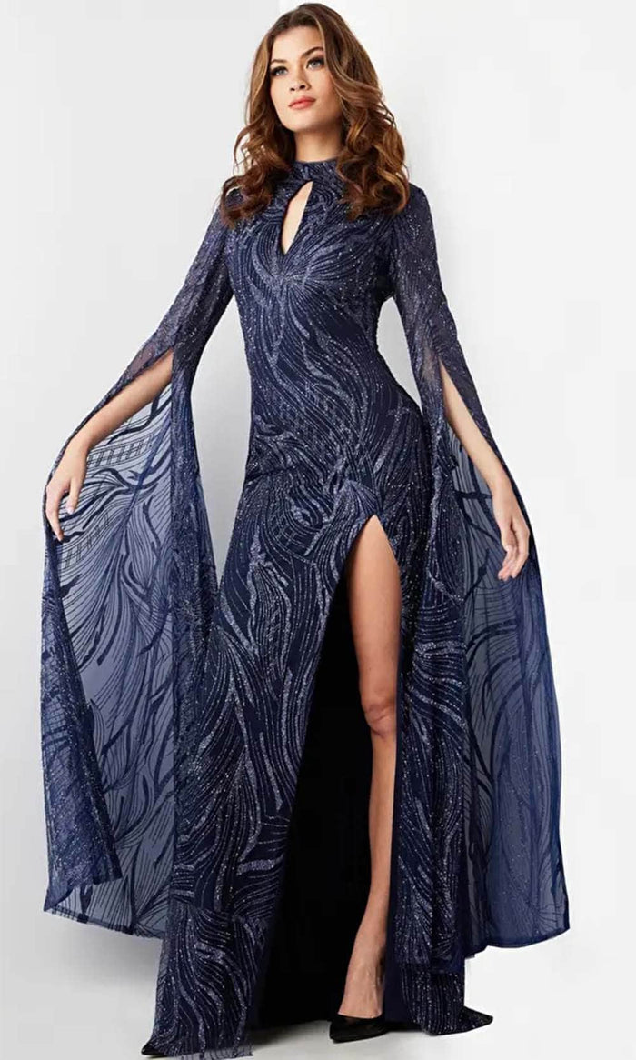 Jovani 26092 - Embellished Long Sleeve Prom Gown Evening Dresses 00 / Navy