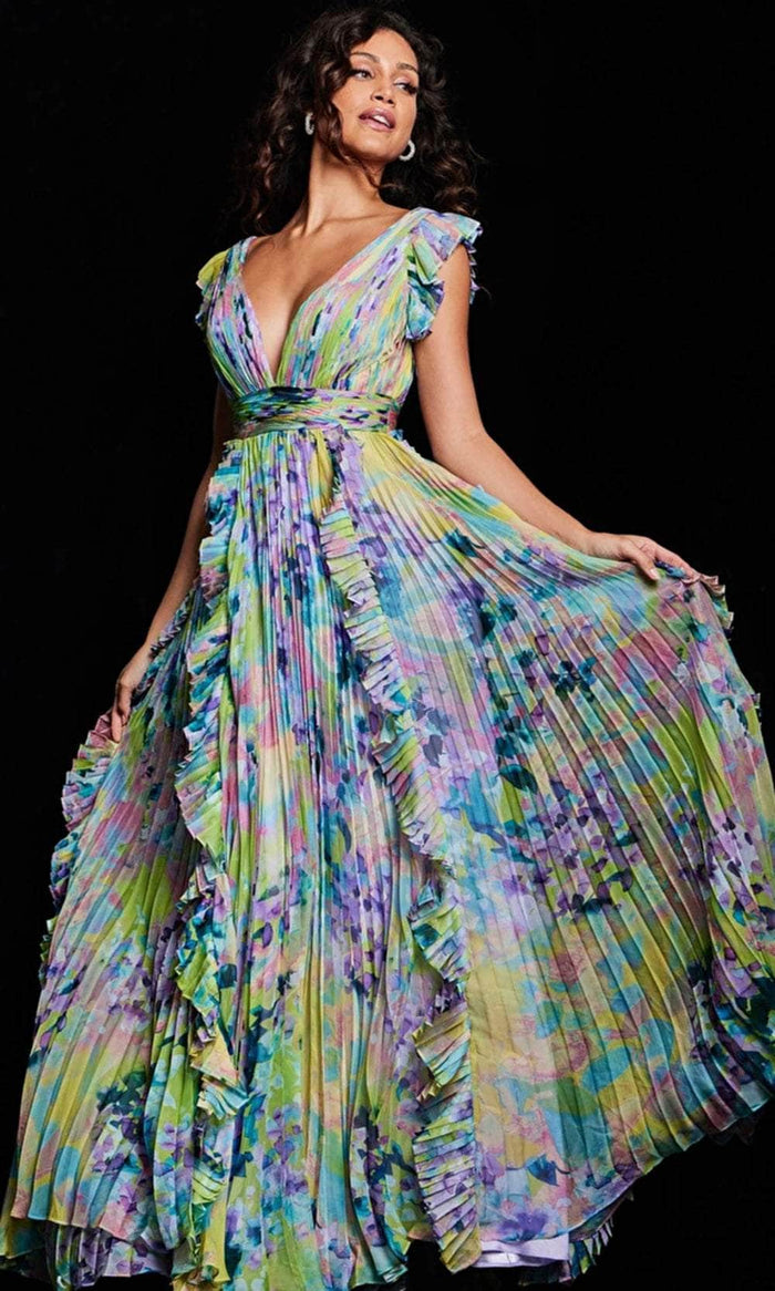 Jovani 34412 - Floral Print Flutter Long Dress Mother of the Bride Dresses 00 / Print