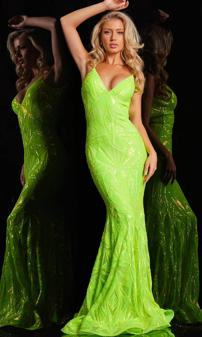 Jovani 36656SC - Sequin Mesh V-Neck Prom Gown Prom Dresses 10 / Neon Green