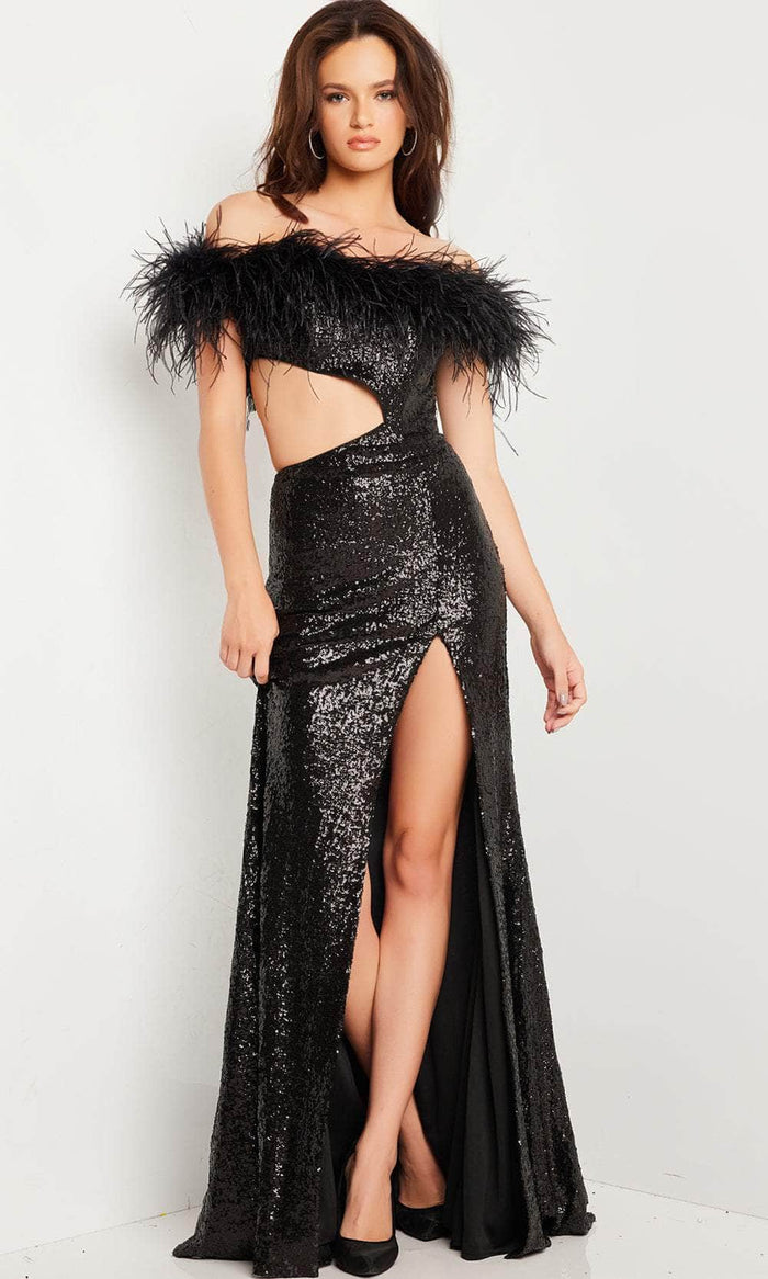 Jovani 36808 - Feathered Cutout Prom Dress with Slit Special Occasion Dress 00 / Black