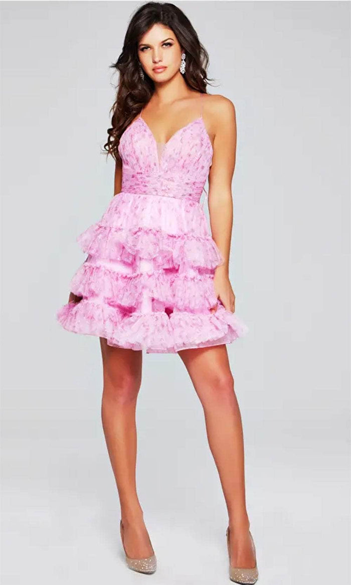 Jovani 36844 - Plunging V-Neck Floral Printed Cocktail Dress Homecoming Dresses 00 / Pink