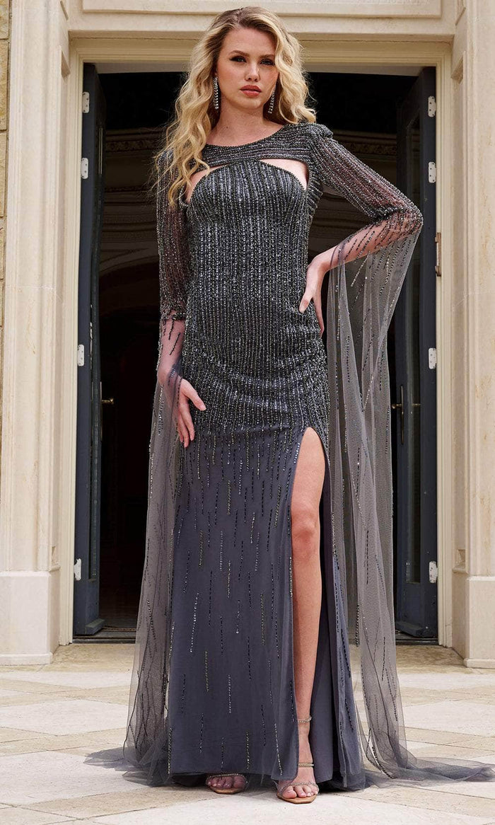 Jovani 37194 - Cape Sleeve Beaded Evening Gown Evening Dresses 00 / Gunmetal