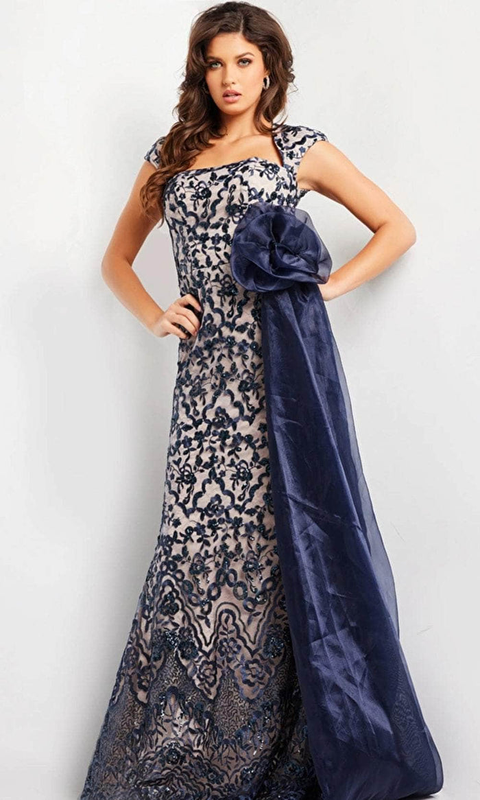 Jovani 37203 - Embellished Waist Floral Dress Evening Dresses 00 / Navy/Nude