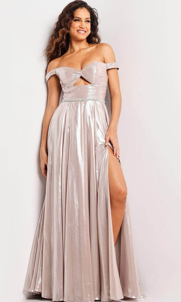 Jovani 37381 - Pleated Metallic Prom Gown Formal Gowns 00 / Taupe