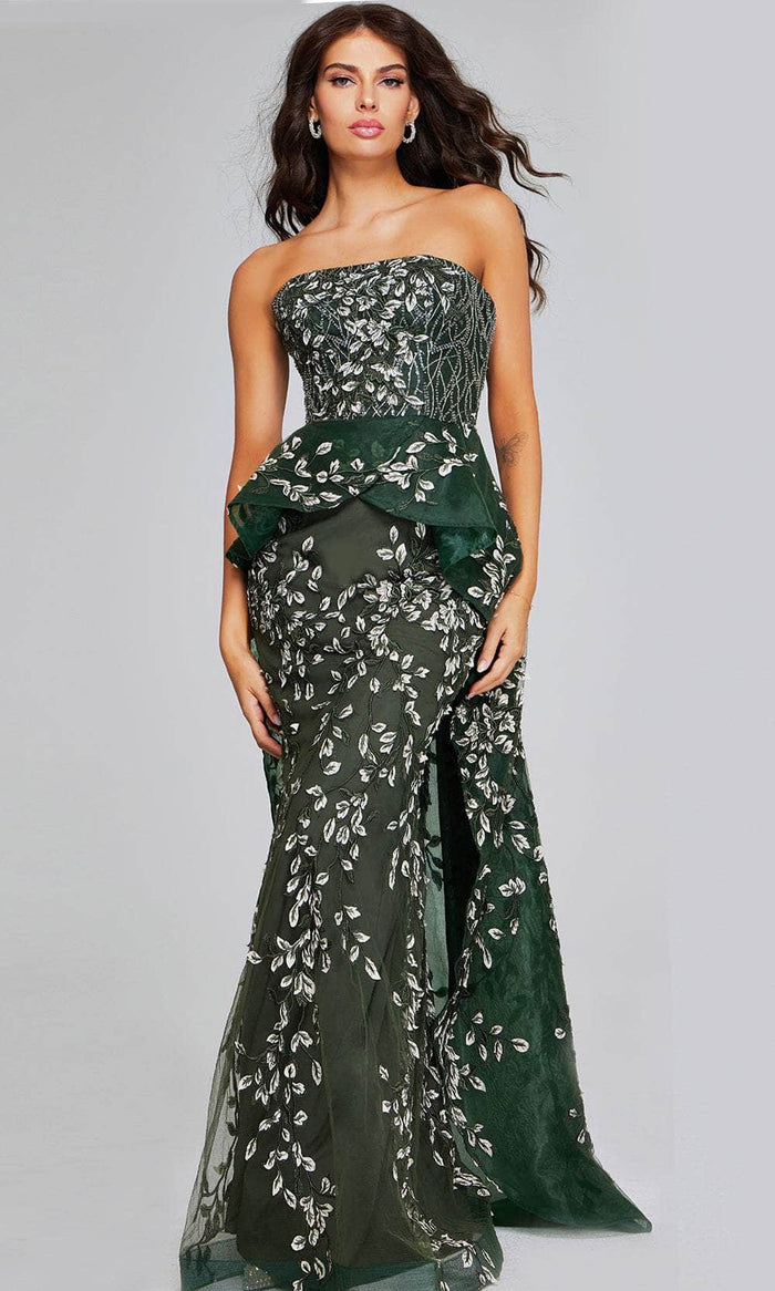 Jovani 37599 - Embroidered Ruffled Overskirt Evening Gown Special Occasion Dress 00 / Dark Green