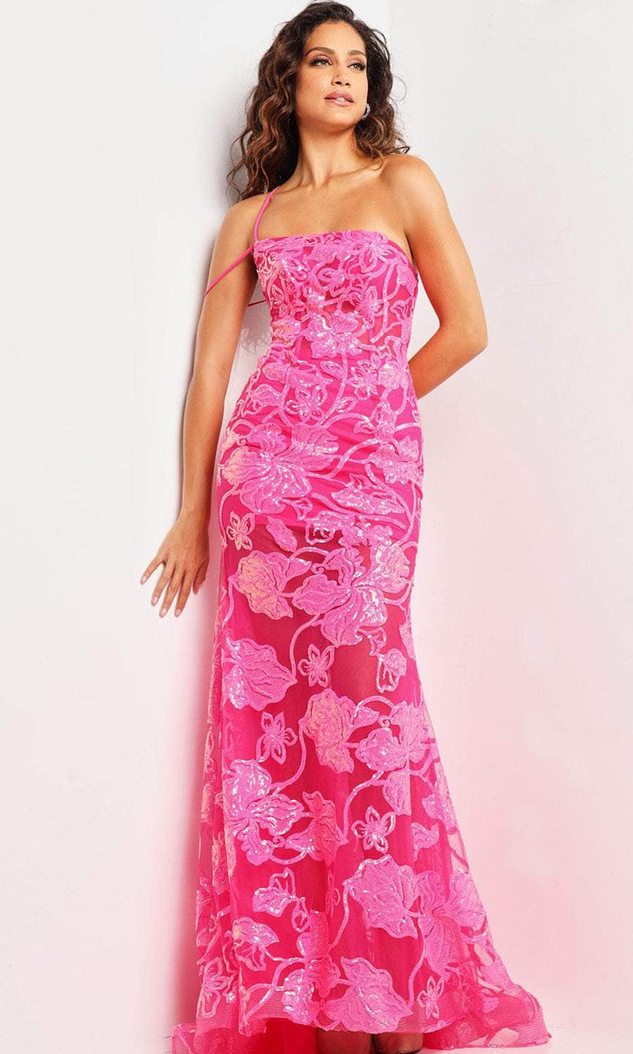 Jovani 38463 - One Shoulder Sequin Mermaid Prom Gown Prom Dresses 00 / Hot-Pink