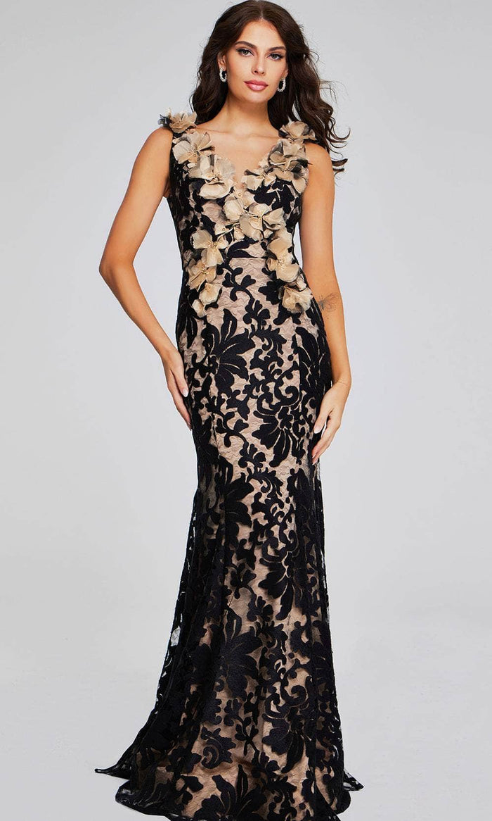 Jovani 38497 - Floral Appliqued Sleeveless Evening Gown Special Occasion Dress 00 / Black/Nude