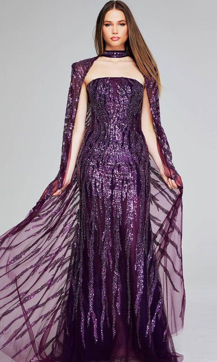 Jovani 39046 - Patterned Sequin Long Cape Evening Gown Special Occasion Dress 00 / Purple