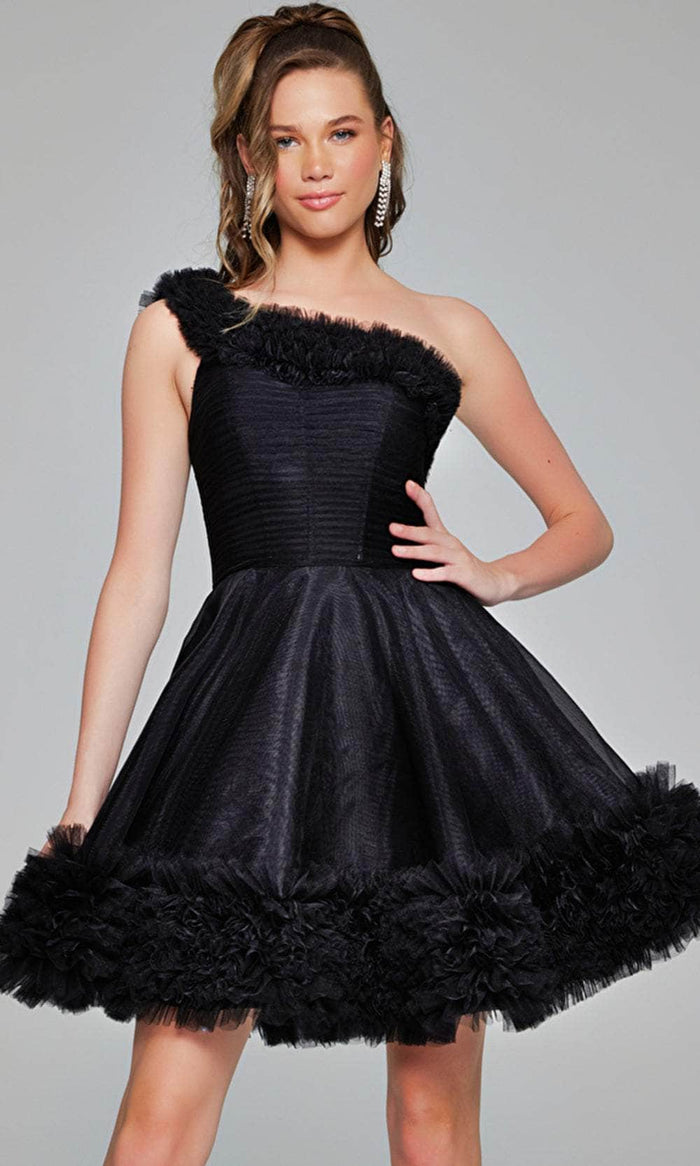 Jovani 39665 - Ruffle Trimmed Asymmetric Cocktail Dress Homecoming Dresses 00 / Black