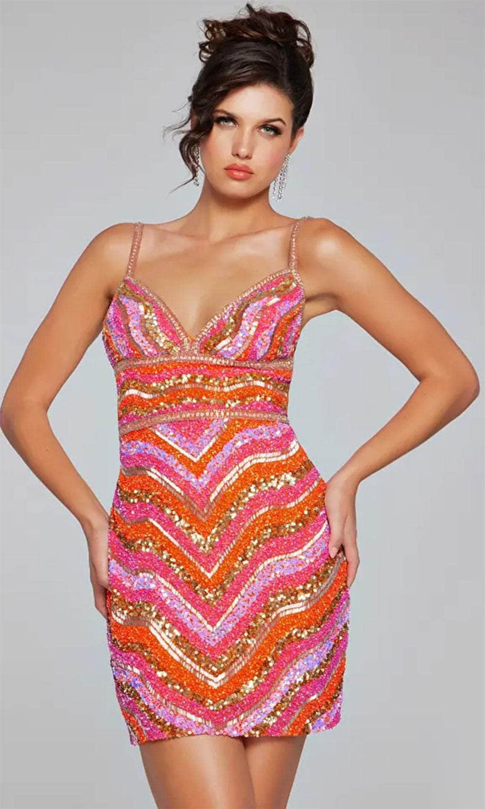 Jovani 39903 - V-Neck Empire Waist Cocktail Dress Cocktail Dresses 00 / Orange/ Multi