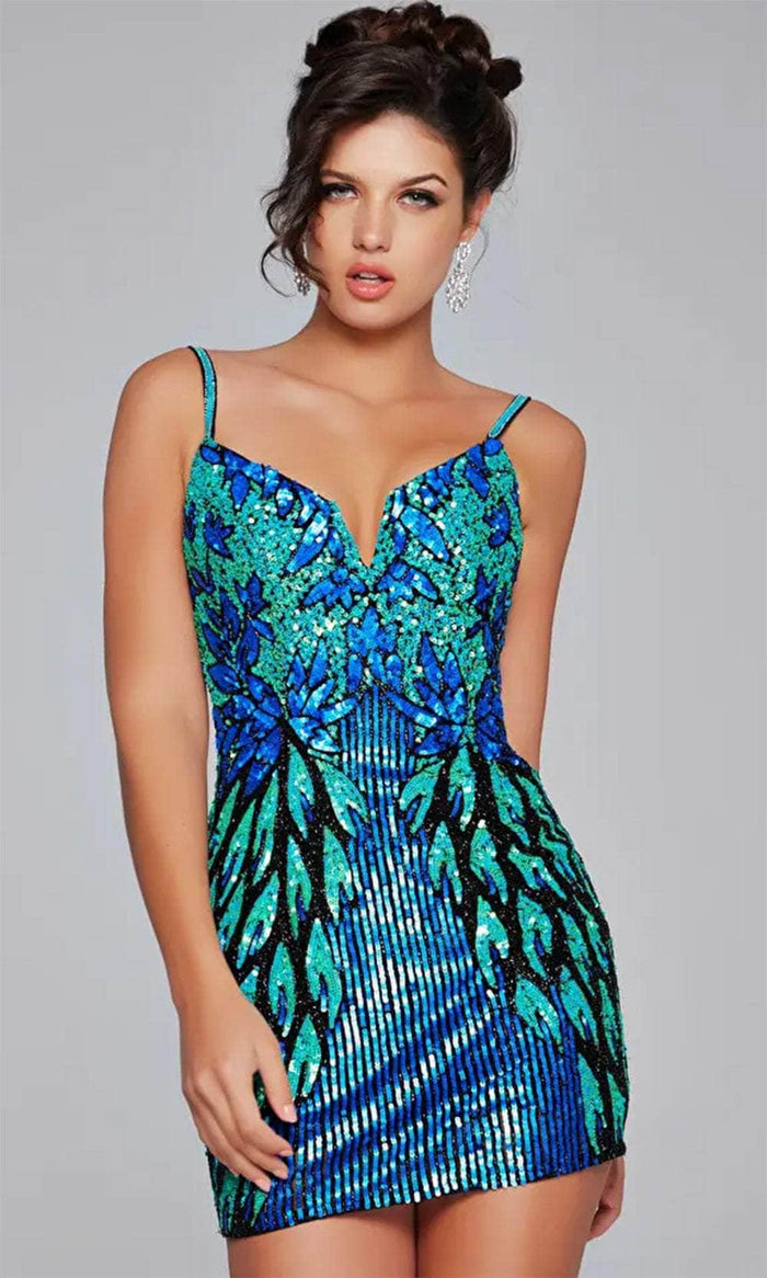 Jovani 39907 - Embellished Deep V-Neck Cocktail Dress Homecoming Dresses 00 / Black/Green Multi