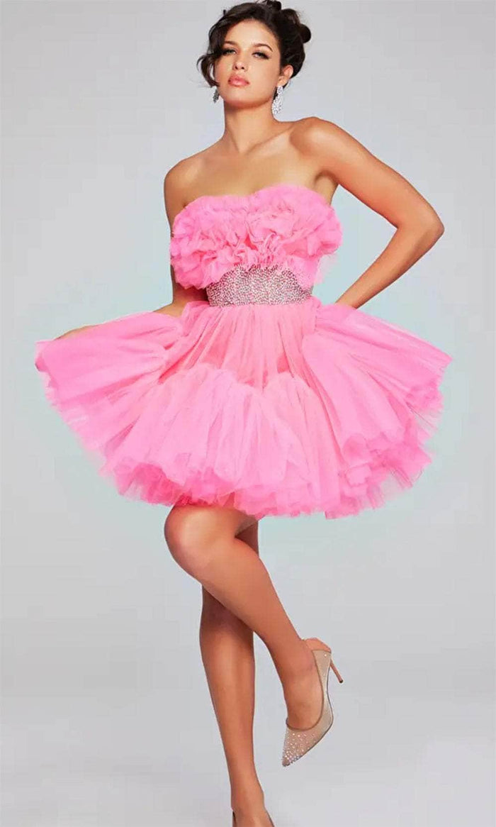 Jovani 40186 - Rhinestone Top Strapless Cocktail Dress Homecoming Dresses 00 / Hot-Pink