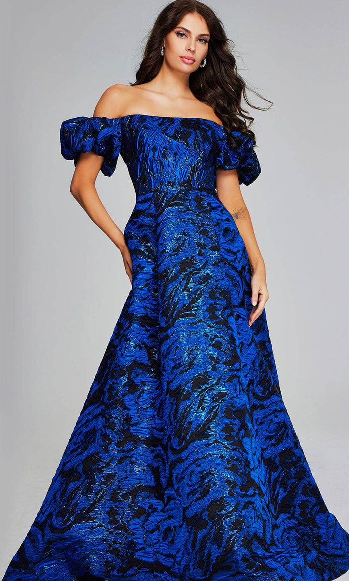 Jovani 40315 - Off-Shoulder Puff Sleeve Prom Gown Special Occasion Dress 00 / Royal/ Black