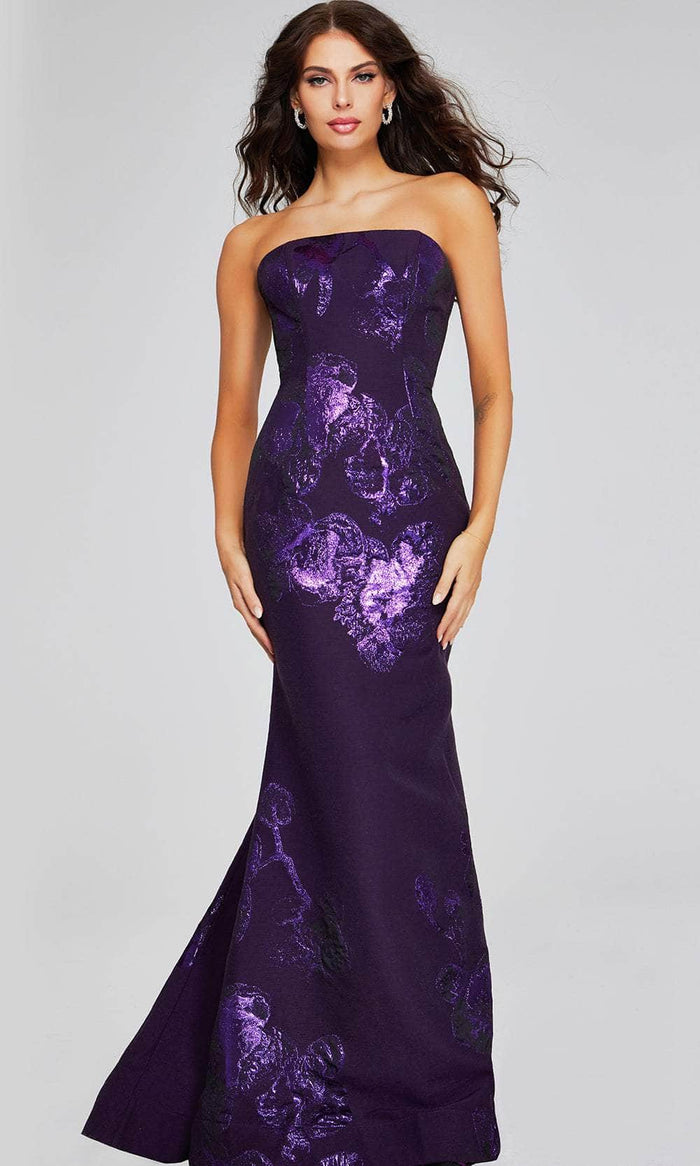 Jovani 40318 - Floral Pattern Embellished Strapless Prom Gown Special Occasion Dress 00 / Purple