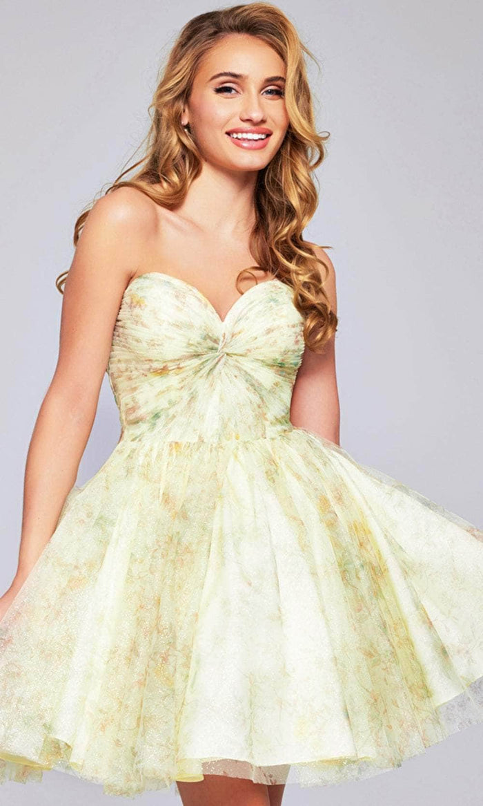 Jovani 40374 - Floral Printed Sweetheart Neck Cocktail Dress Homecoming Dresses 00 / Light-Yellow