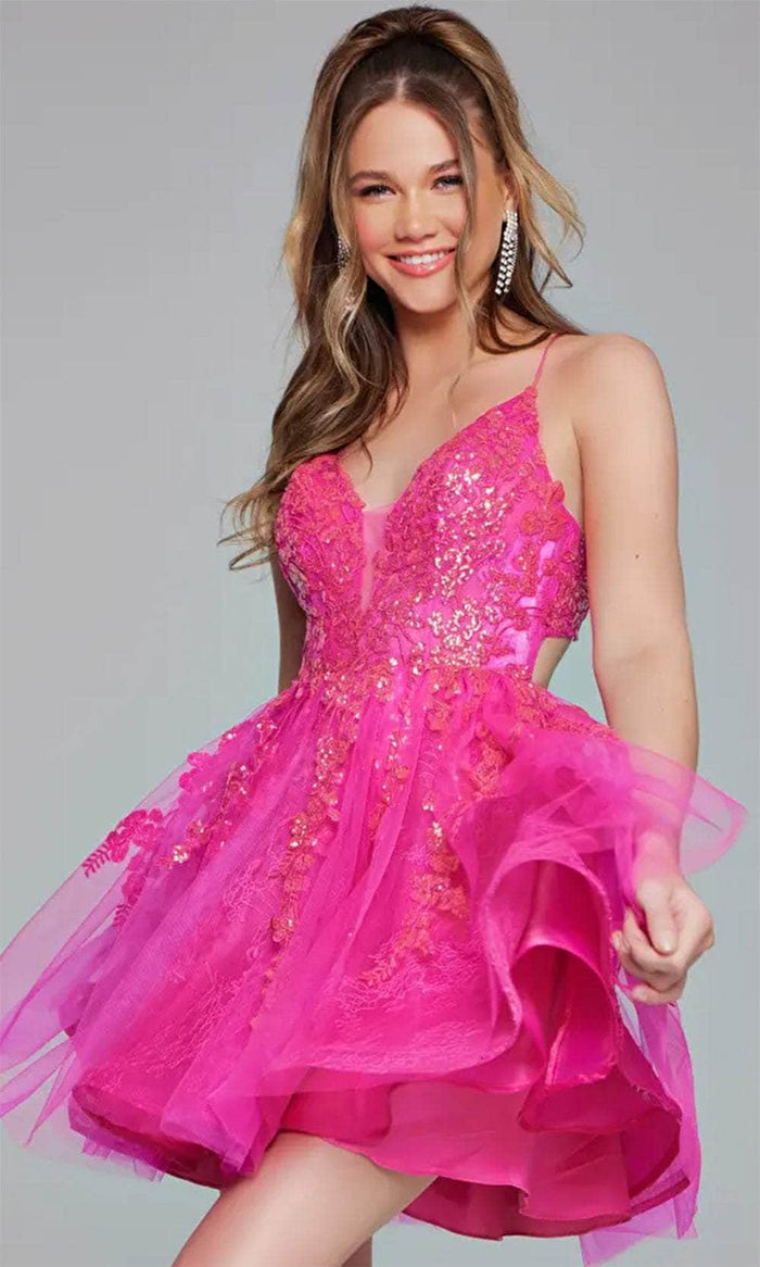 Jovani 40384 - Plunging V-Neck Embroidered Cocktail Dress Homecoming Dresses 00 / Hot-Pink