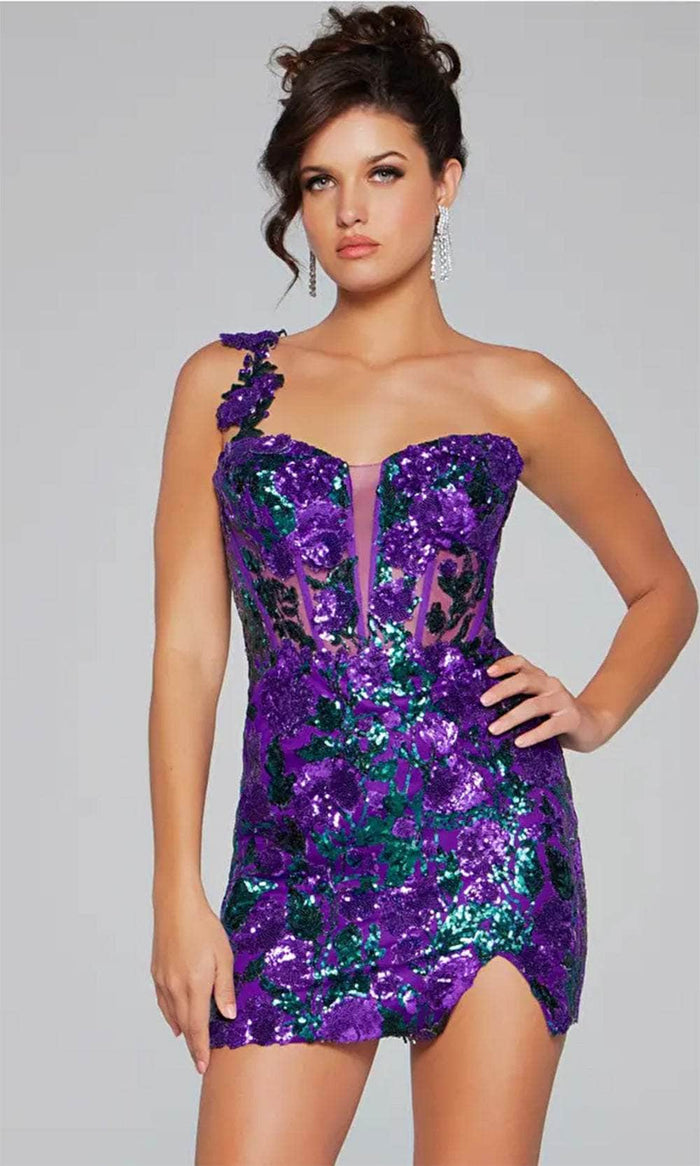 Jovani 40647 - One-Shoulder Sheer Corset Bodice Cocktail Dress Cocktail Dresses 00 / Purple