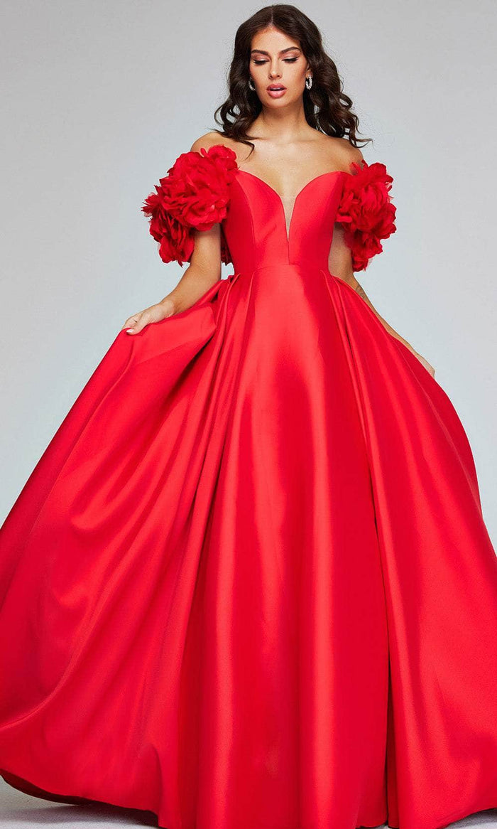 Jovani 40794 - Rosette Plunging Ballgown Special Occasion Dress 00 / Red