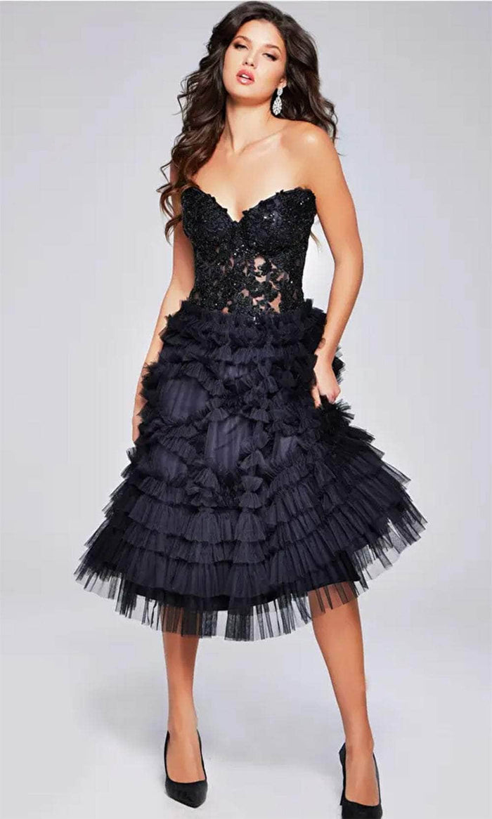 Jovani 40854 - Beaded Strapless Knee-Length Dress Cocktail Dresses 00 / Black