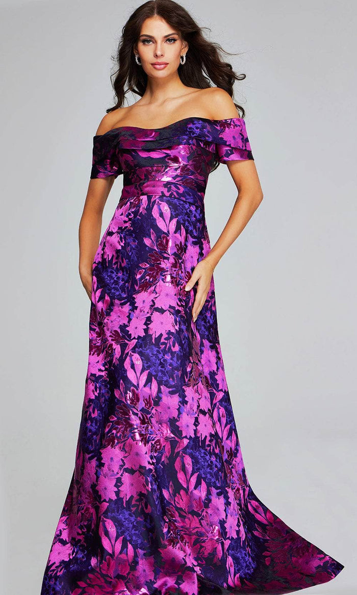 Jovani 42506 - Floral Printed Off-Shoulder Prom Gown Special Occasion Dress 00 / Fuchsia/Purple