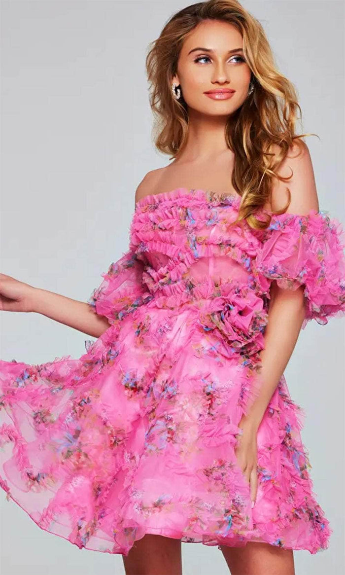 Jovani 42573 - Floral Print Ruffled Cocktail Dress Homecoming Dresses 00 / Hot-Pink