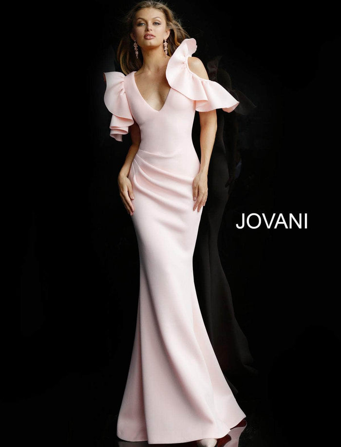 Jovani 62246ASC - Ruffled Cold Shoulder Sleeve Prom Dress Special Occasion Dress 2 / Blush