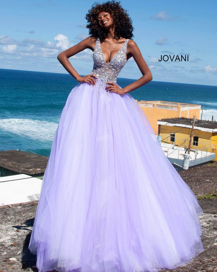 Jovani 65379SC - Plunging Crystal Embellished Ballgown Ball Gowns 6 / Lilac