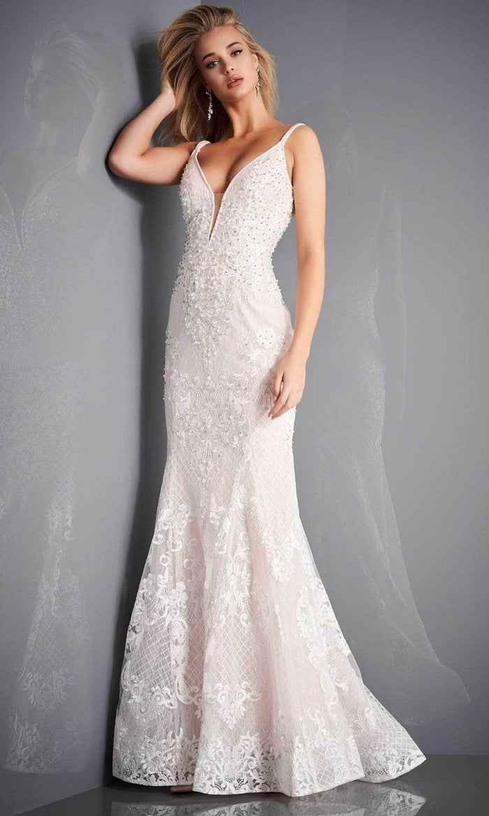 Jovani 66792 - Embroidered Trumpet Dress with Deep V Neck Wedding Dresses 6 / Off-White