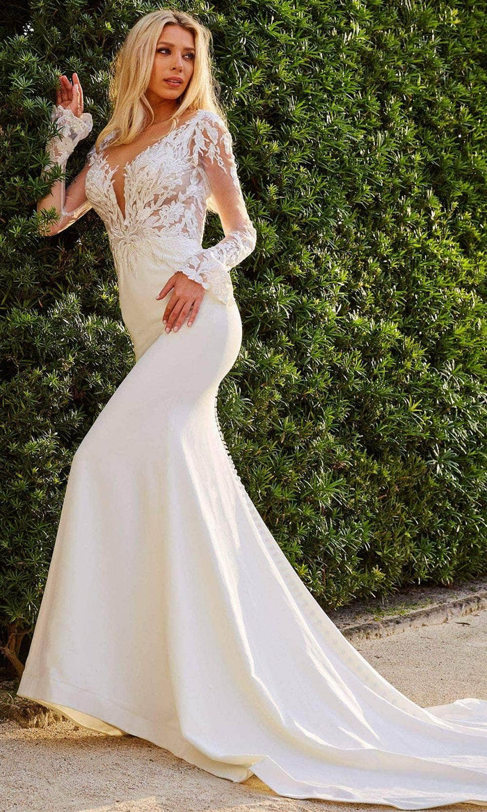 Jovani Bridal JB07632 - Long Sleeve Embroidered Bridal Gown Bridal Dresses 00 / Ivory/Nude