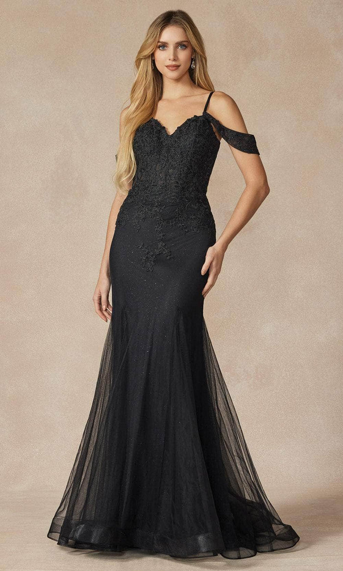 Juliet Dresses 281 - Off-Shoulder Lace Embroidered Gown Prom Dresses XS / Black