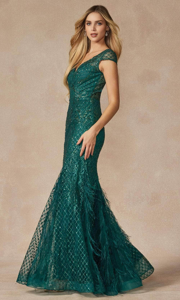 Juliet Dresses 286 - Sequin Feathered Mermaid Gown Evening Dresses XS / Emerald Green