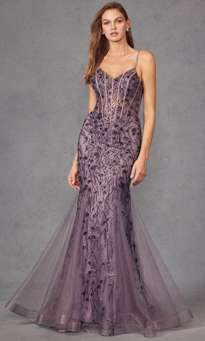 Juliet Dresses JT2441S - Sequin Embroidered Mermaid Prom Gown Evening Dresses XS / Grey Purple