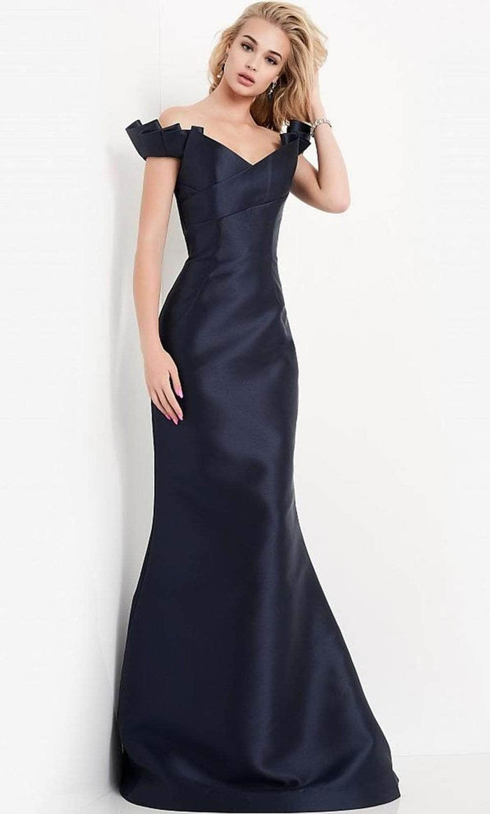 JVN by Jovani - JVN04717SC- V-Shaped Ruffle Sleeve Evening Gown Prom Dresses 24 / Navy