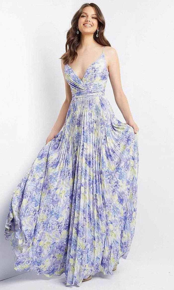 JVN by Jovani JVN08491SC - Floral Deep V-Neck Prom Gown Prom Dresses 16 / Lilac