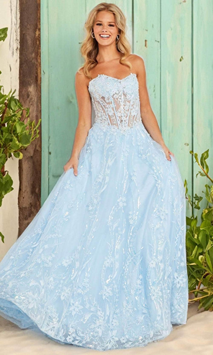 JVN by Jovani JVN12254 - Embroidered Sheer Corset Strapless Ballgown Ballgown Dresses 00 / Sky-Blue